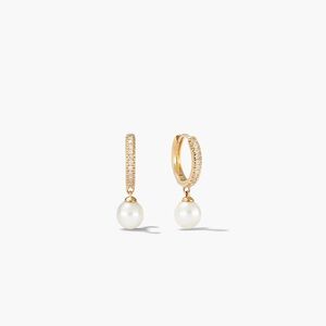 Mejuri Gold Pavé Huggie Earrings with White Pearl Drops